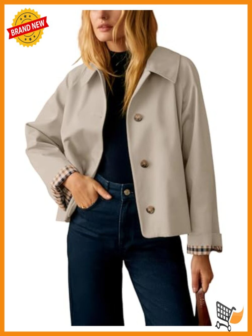 Women's Short Trench Jacket Plaid Lining Lightweight Casual Jacket with Pockets